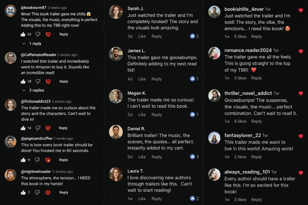 Reader comments under a book trailer post across Instagram, Facebook and YouTube