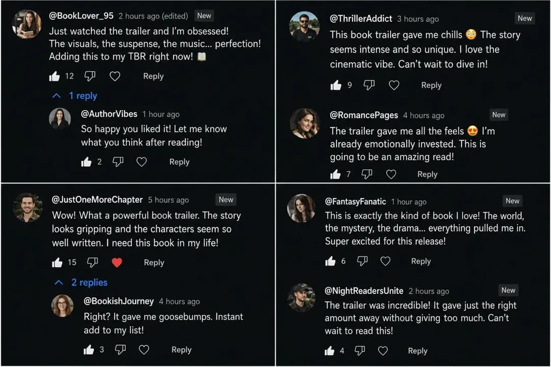Threaded reader replies and author responses under a book trailer video