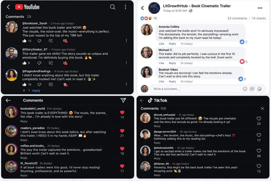 Reader comments on a book trailer across YouTube, Facebook, Instagram and TikTok
